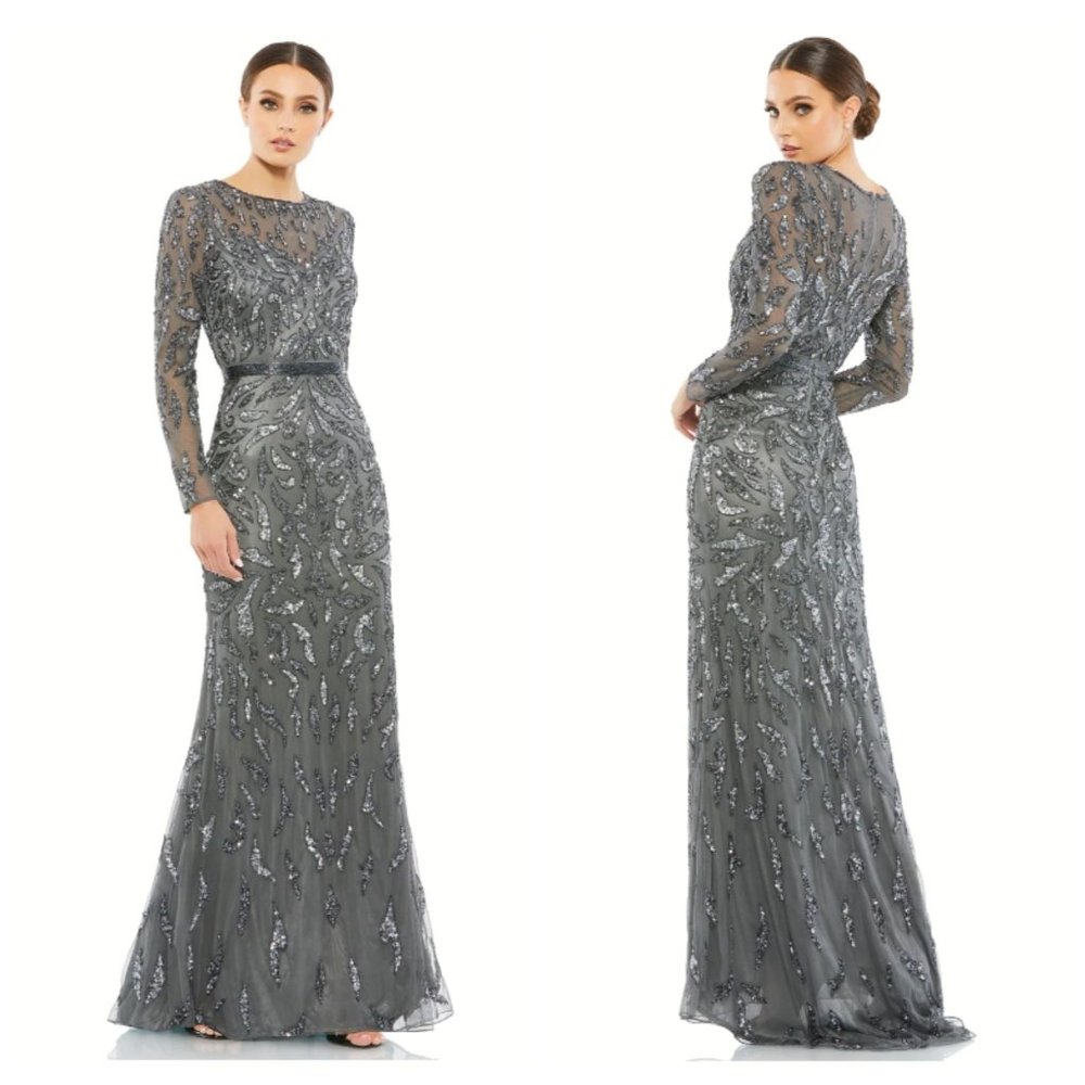 Mac Duggal Size 8 Beaded Long Sleeve Evening Gown Charcoal Gray New